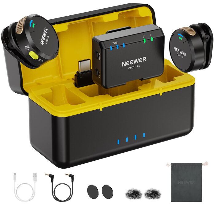 NEEWER CM29 Мініатюрний бездротовий мікрофон-петличка, 48kHz/24Bit з шумозаглушенням, 25 годин роботи, 150м радіус дії, сумісний з iPhone, iPad, Android, DJI, Insta360, ПК, Mac (1RX+2TX+зарядний кейс)