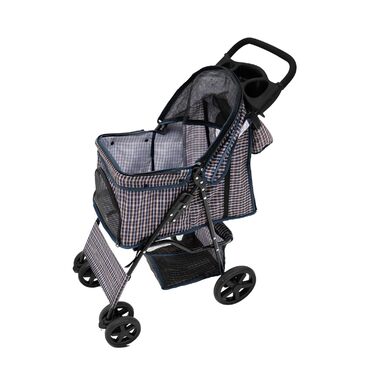 Візок для тварин Monster Shop з сумкою, знімний, синій тартан, складний, до 15 кг, колеса, гальма, сітка, кошик, тримач для напоїв, кишені, водонепроникний захист від дощу