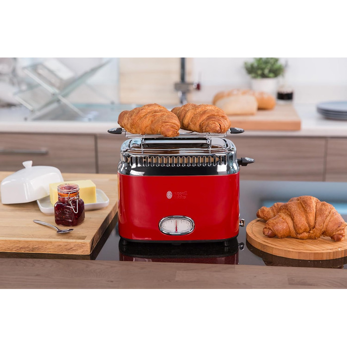 Russell Hobbs Toaster [for 2 slices] Retro Stainless Steel Red (Retro-style countdown display, includes bread roll attachment, 6 browning levels + defrost & reheat function, 1300W) Vintage 21680-56