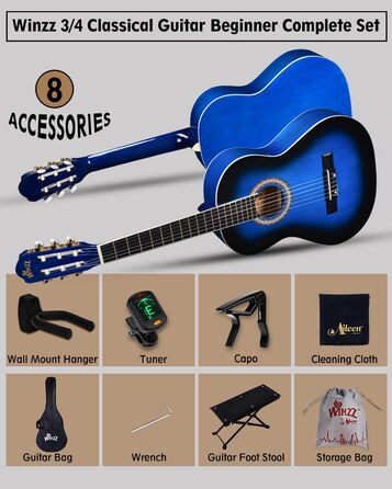 Кітара класична Winzz 4/4 для дорослих та дітей (від 11 років), чорний глянцевий, набір для початківців, 39 дюймів, блакитний (3/4)