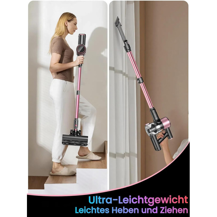 Бездротовий акумуляторний пилосос SUXIANGVAC 45000Pa/500W з LED дисплеєм та антинамотувальною насадкою, 73см подовжуваний шланг для твердих поверхонь, килимів та шерсті тварин, Рожевий