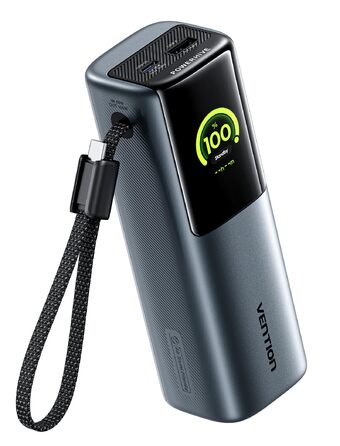 Power Bank VENTION 20000mAh 165W з дисплеєм та Emoji, інтегрований кабель USB-C, 2×100W USB-C + USB-A. Сумісний з MacBook Pro, iPad, Dell/HP, iPhone, Galaxy