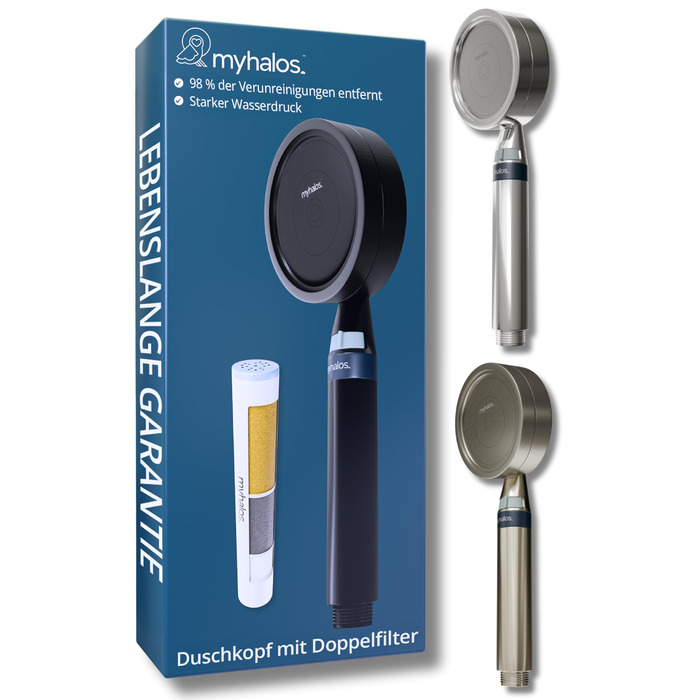 Лійка для душу MyHalos® з фільтром: високий тиск, 3-шарова фільтрація від хлору, бактерій та вапна, антивапняний, для жорсткої води (чорний)