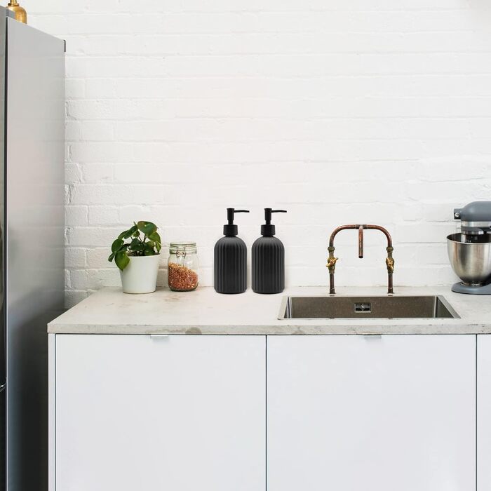 Набір з 2 скляних дозаторів для мила з помпою, 400 мл, для мила, шампуню, лосьйону, багаторазові, для кухні, ванної, пральні (чорний)