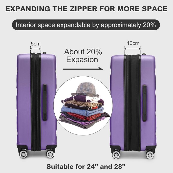 Чемодан-валіза KONO з розширенням, жорсткий, легкий, XL, з TSA-замком та 4 колесами, 75x47.5x29.5 см (M(55x35x22 см), фіолетовий)