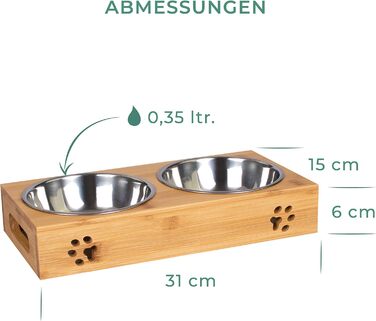 Станція для годування домашніх тварин LAUBLUST: підставка для мисок з бамбука, 2 нержавіючі миски | для собак та котів, розмір 31 x 15 x 6 см | M