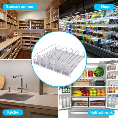 Self-pushing canned beverage organizer for refrigerator, refrigerator drink dispenser, automatic spring-loaded can dispenser, 5-row dispenser, assembled, holds 25 cans