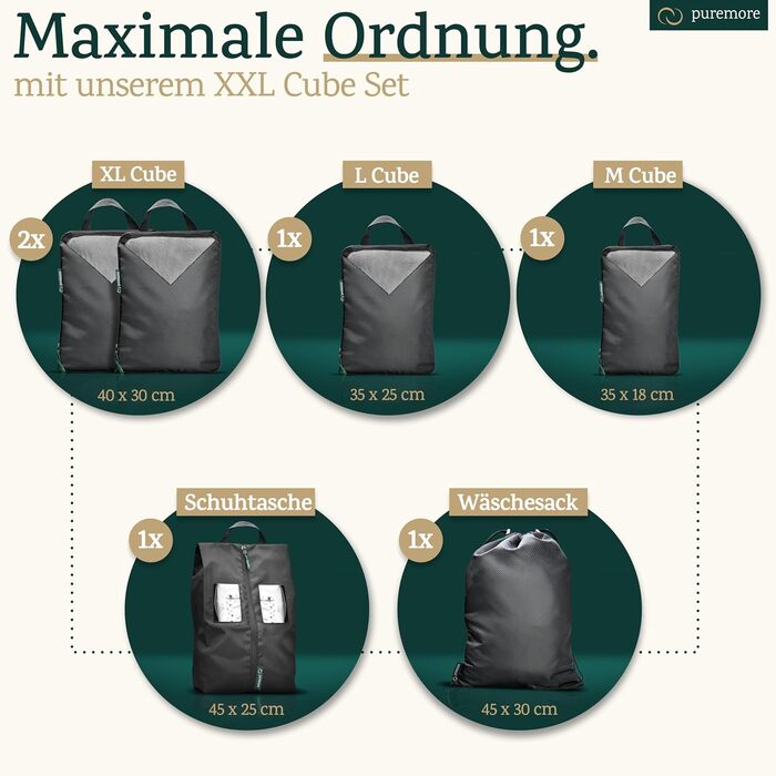 Puremore® Преміум Набір для пакування багажу з компресією (6 шт.) | Органайзери для подорожей | Чохли для взуття | Чорний колір