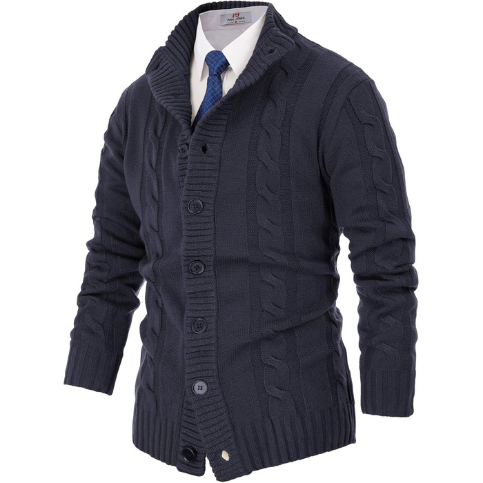 Чоловічий кардиган PJ PAUL JONES з в'язаним візерунком коси, на ґудзиках, з ребристою стійкою, темно-синій, XL