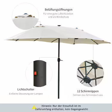 Сонцезахисний парасолька Outsunny з LED-підсвіткою, 440 x 256 см, садовий парасолька з ручним механізмом, парасолька для тераси кремово-білого кольору для саду та тераси