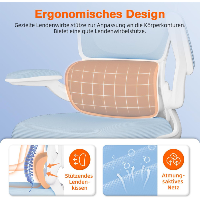 Ергономічне крісло для офісу з регульованою підголівником, підтримкою попереку та відкидними підлокітниками, крісло для начальника, 150 кг, функція гойдання до 135° (Блакитний, Модель 2)