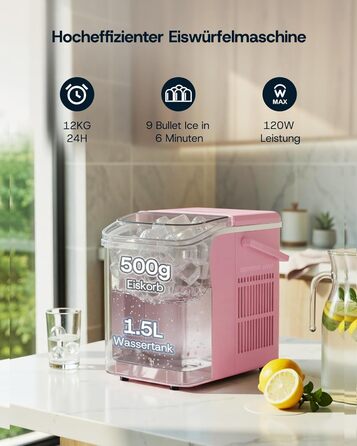 Машина для приготування льоду Upstreman BI12: рожева, автоматична очистка, для дому, кухні, офісу