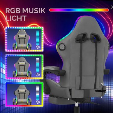 Ігрове крісло Racingreat RGB LED з підсвіткою, підніжкою та Bluetooth, сіро-чорне