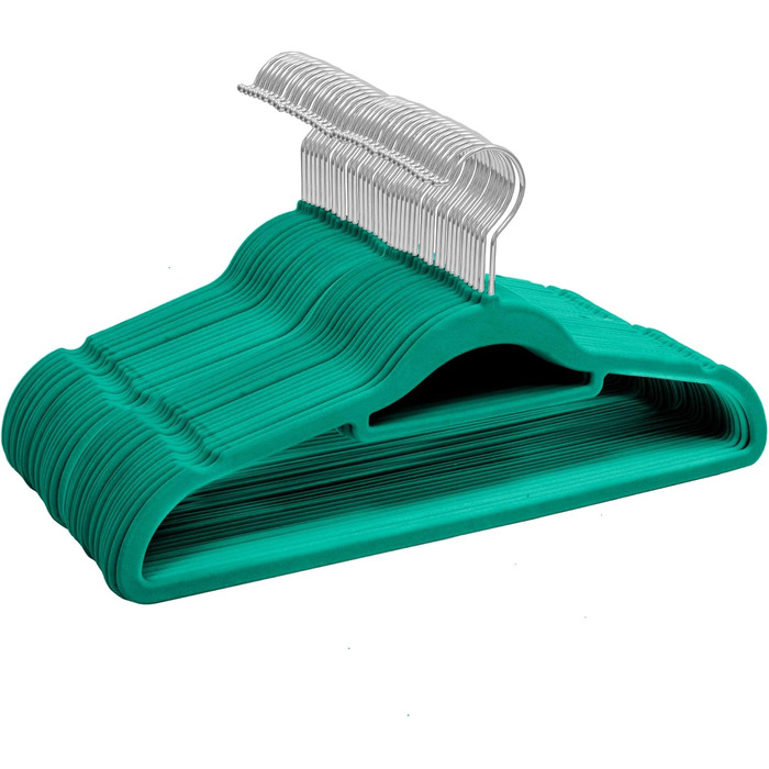 Набір плечиків для одягу з велюру, 50 шт. (блакитно-зелений) – антиковзаючі, з органайзером для краваток, обертові гачки
