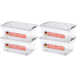 Blumtal Storage Box with Lid 32L Made of Plastic - Storage Boxes 36.5x36x26.5 cm - Storage Boxes Made of 100% New Material with Closure Clips - Storage Boxes with Lid (40 Liter, 4-Piece Set)