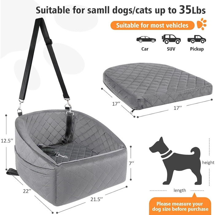 Автокрісло для собак Ejoyous - сіре, для малих та середніх порід, до 15.9 кг, з memory foam