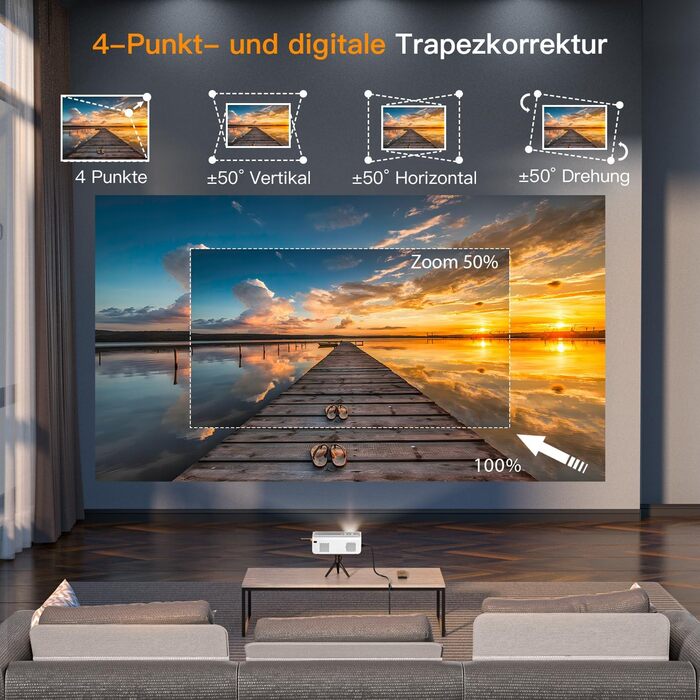 Портативний проєктор Mini Beamer: 1080P Full HD, 600 ANSI, WiFi 6, Bluetooth, 4K, автофокус, корекція трапеції, 50% зум, 360° обертання для дому та мобільного використання