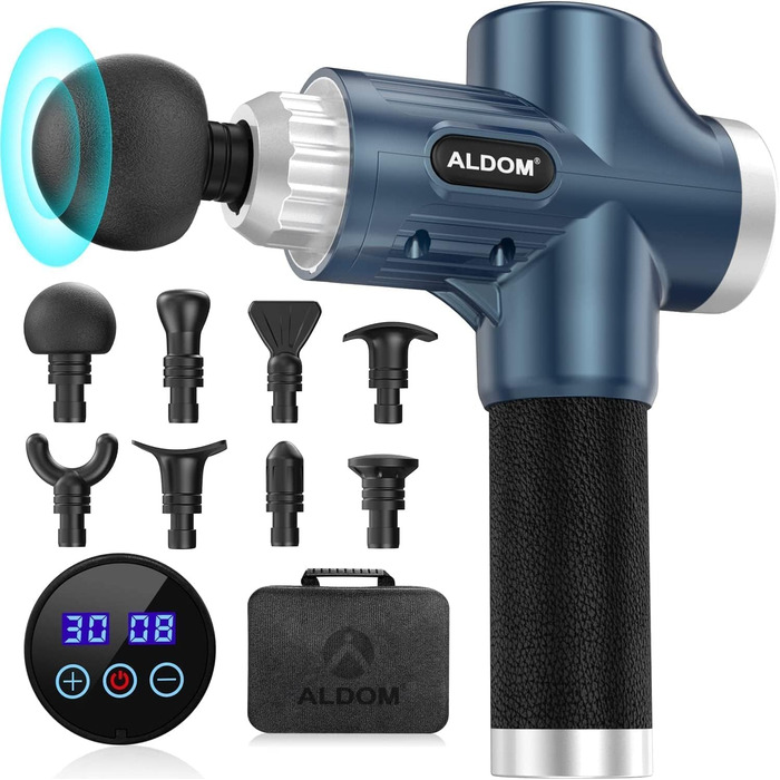 ALDOM Electric Massage Gun - Muscle Therapy Device with 30 Speed Settings & 8 Attachments - Blue