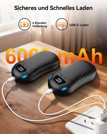 Електричні грілки для рук 6000 mAh, 2 шт. Ultra Light з магнітною двосторонньою системою нагріву, LCD-дисплеєм, 12+ годин, 35°C-55°C, багаторазові для дітей, для гольфу/кемпінгу, чорні