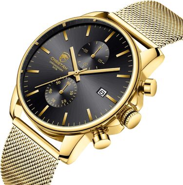 Чоловічий годинник на браслеті Mesh, кварцовий, спортивний, Chronograph, з датою, водонепроникний, чорний, нержавіюча сталь, Gold-Gold-Schwarz