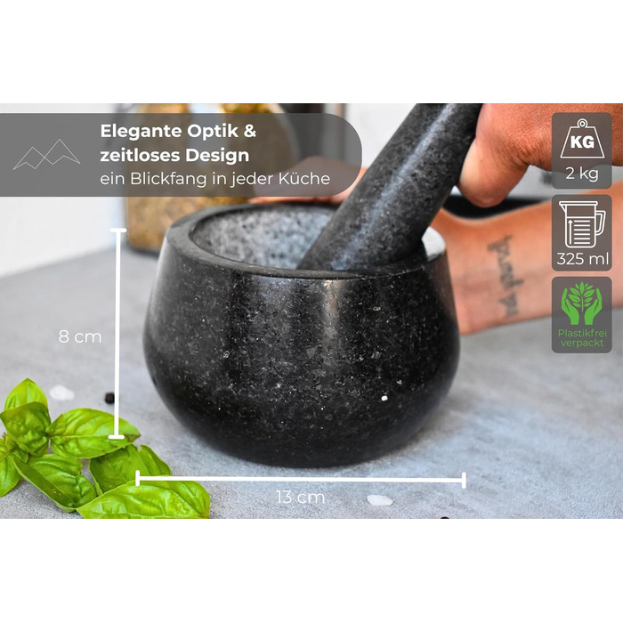 Гранітний ступка з товчником BERGART - ступка з високоякісного граніту, довговічна, для трав, спецій та песто