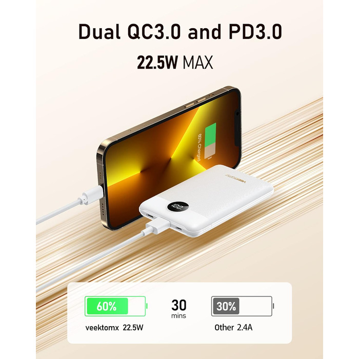 Powerbank VEEKTOMX 10000mAh: компактний зарядний пристрій з PD3.0 та QC3.0, USB-C, для iPhone/iPad/Samsung/Huawei/Xiaomi/OnePlus, білий