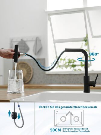 Чорний кухонний змішувач водопровідний з висувною лійкою та душем, 360° обертання, одноlever, матовий чорний
