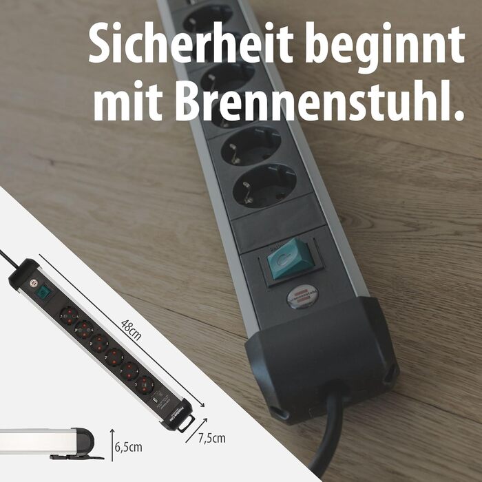 Мережевий фільтр Brennenstuhl Premium-Alu-Line на 6 розеток з USB (USB-C PD 30W та USB-A 18W), 3м, алюмінієвий корпус, з вимикачем, Made in Germany