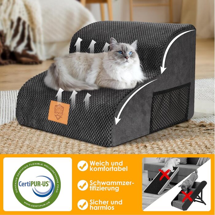 Dog Stairs, Pet Stairs, Foam Dog Stairs, Washable Non-Slip Cat Stairs, Dog Stairs for Small Dogs and Cats, Portable Dog Ramp for Bed, Couch and Car (2-Step Dog Stairs, Black)