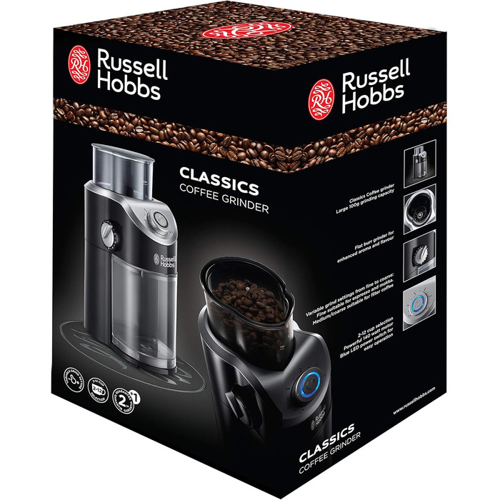 Електрична кавомолка Russell Hobbs Classics з дисковим жорном, регулюванням ступеня помелу (від порошкоподібного до грубого), для кавових зерен, горіхів, спецій, круп, об’єм 100 г, 23120-56, чорна