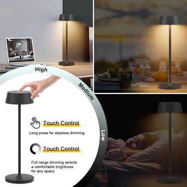 Акумуляторна LED настільна лампа Klighten з димером, сенсорна, металева (алюміній), IP54, тепле світло 3000K, антрацит