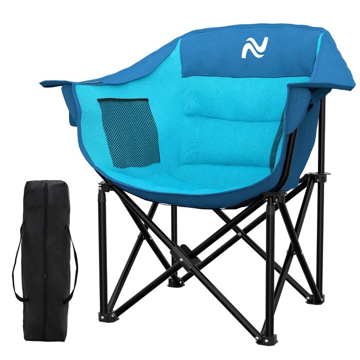 Кемпінговий стілець складаний посилений (200 кг) з подушкою 6 см - для риболовлі, кемпінгу, саду, фестивалів. Зручний стілець з бічними кишенями та сумкою для транспортування (Синьо-блакитний, M)