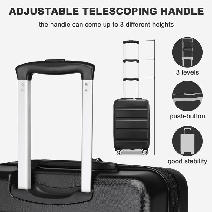 Чемодан-валіза KONO з розширенням, жорсткий корпус, великий розмір XL, з TSA-замком та 4 подвійними колесами, ідеальний для подорожей та бізнесу, 75x47.5x29.5 см, чорний