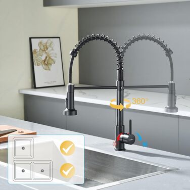 Чорний кухонний змішувач з витяжною лійкою, 360° поворот, 2 режими, нержавіюча сталь