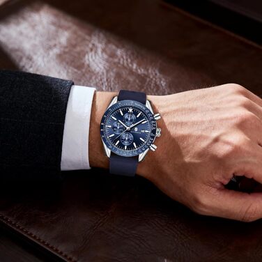 Годинник чоловічий BENYAR Chronograph з кварцовим механізмом, аналоговий, з шкіряним ремінцем. Стильний дизайн для бізнесу, спорту та повсякденного носіння. Водостійкість 30M. Елегантний подарунок для чоловіків (синій ремінець, сріблясте корпус, блакитний