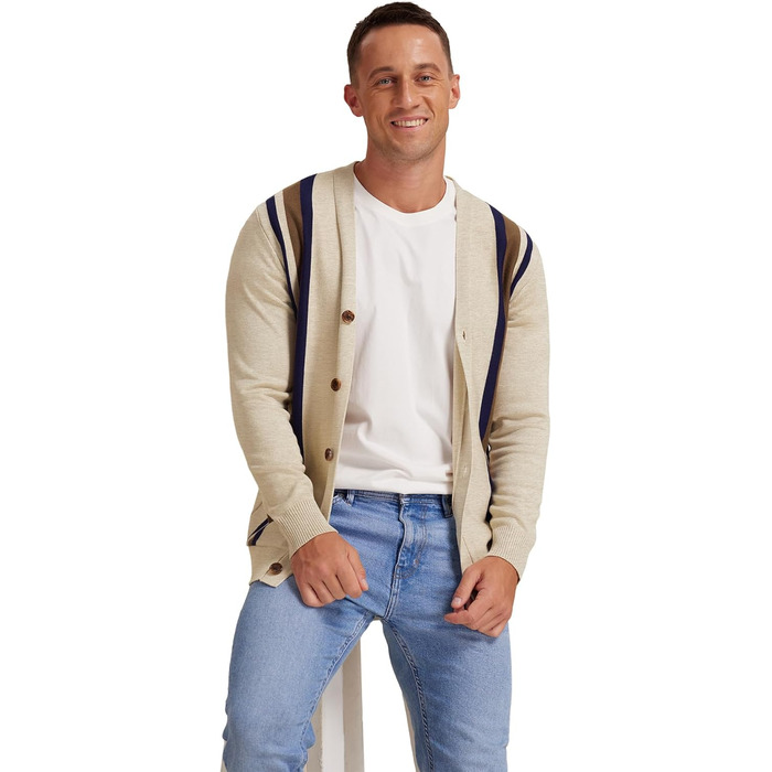 Чоловіча в'язана кофта NITAGUT з вінтажним смугастим дизайном, довгі рукави, V-подібний виріз, ґудзики (L, Смугаста, Бежево-коричнева)