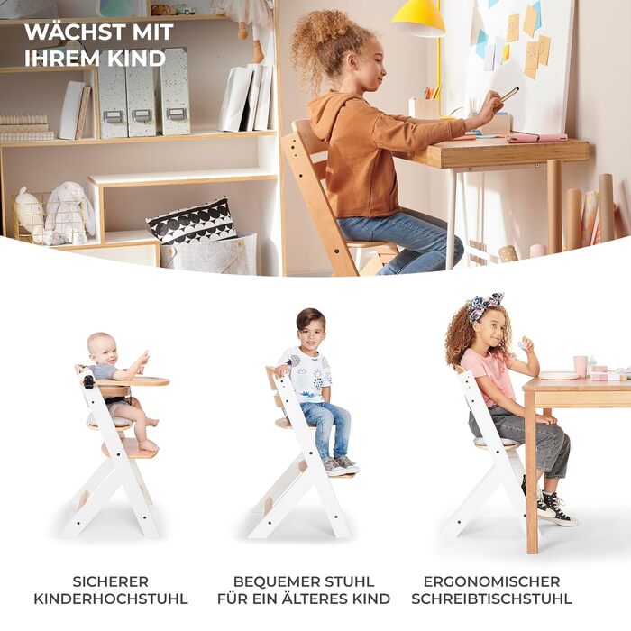 Дитяча подушка для стільчика Kinderkraft ENOCK, 2 м'які анатомічні подушки, з ременями безпеки, легке очищення, гіпоалергенний матеріал, чорна, для високого стільця (комплект: стілець + подушка, сірий)