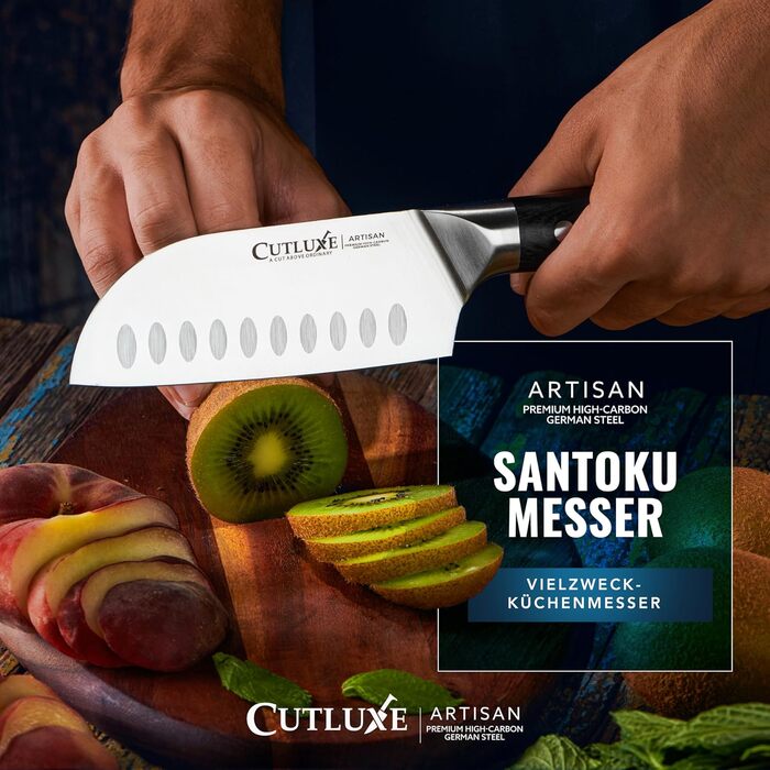 Ніж Cutluxe Santoku 13 см – універсальний ніж для риби, м'яса, суші. Виготовлений з німецької сталі, надзвичайно гострий, ергономічний дизайн
