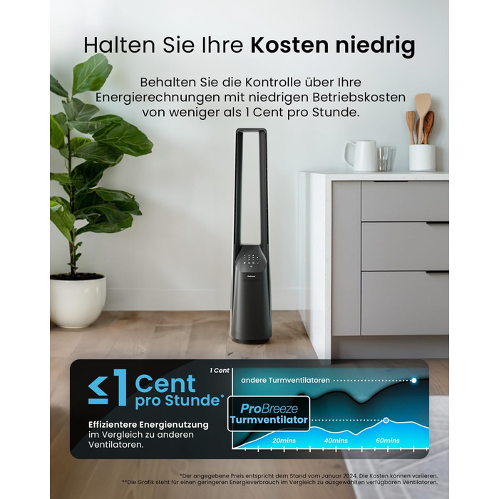 Вентилятор Pro Breeze 101 см з ротором, осцилюючий, з пультом, LED-дисплеєм, 6 швидкостей, тихий, 5 режимів, авто-обертання 60°, таймер 7 год, чорний