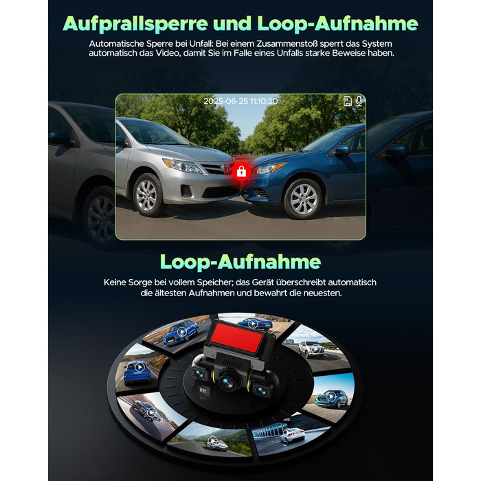 Відеореєстратор LAMTTO 360° з 4 камерами: передня, задня, внутрішня + паркувальний монітор. 5G WiFi, APP-керування, IR нічне бачення, комплект для підключення до акумулятора, SD-карта 128GB.