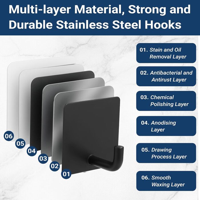 Набір гачків для рушників без свердління, 6 шт. з нержавіючої сталі, самоклеючі, до 10 кг, для ванної кімнати та кухні