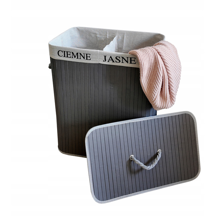 Великий бамбуковий кошик для білизни та іграшок з кришкою, 100 л, сірий