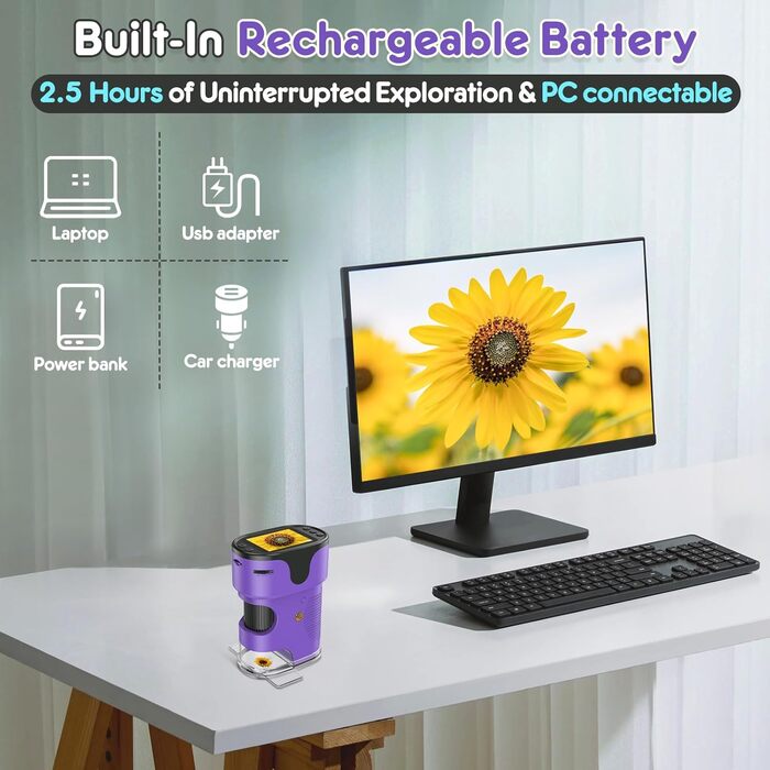 Дитячий цифровий мікроскоп 1000X Handy з 4K екраном: портативний USB мікроскоп для науки, з набором предметних скла, ідеальний подарунок для дітей 4-12 років (зелений, фіолетовий)
