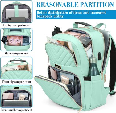 Жіночий рюкзак для школи, університету, подорожей: стильний, водонепроникний, з USB-портом, 15.6 дюймів, світло-зелений