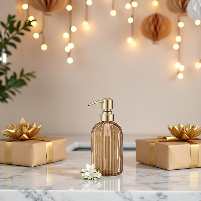Дозатор для мила з бурштинового скла, 473 мл, з бурштиновими смугами, з помпа золотого кольору, для ванної кімнати та кухні