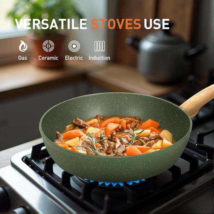 Набір каструль та сковорідок DishDelight 30 предметів з антипригарним покриттям з граніту. Набір каструль, сковорідок з кришками з термостійкого скла. Зелений колір.