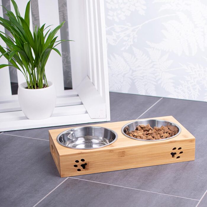 Станція для годування домашніх тварин LAUBLUST - підставка для мисок з бамбука, 2 нержавіючі миски | для собак та котів (38 x 19 x 6 см)