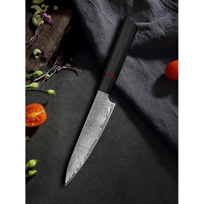 Японський ніж кухарський з дамаської сталі Plys: професійний ніж шеф-кухаря з чорним дерев'яним руків'ям, ніж для фруктів