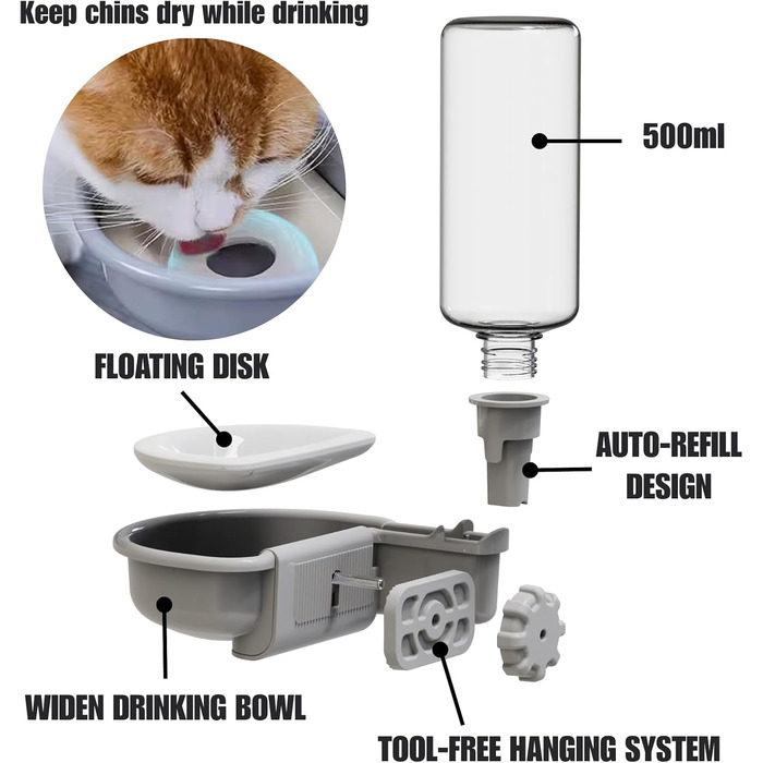 Автоматична поїлка для собак у клітку, 480мл, антиперелив, фонтанчик для собак, котів та кроликів (сірий)
