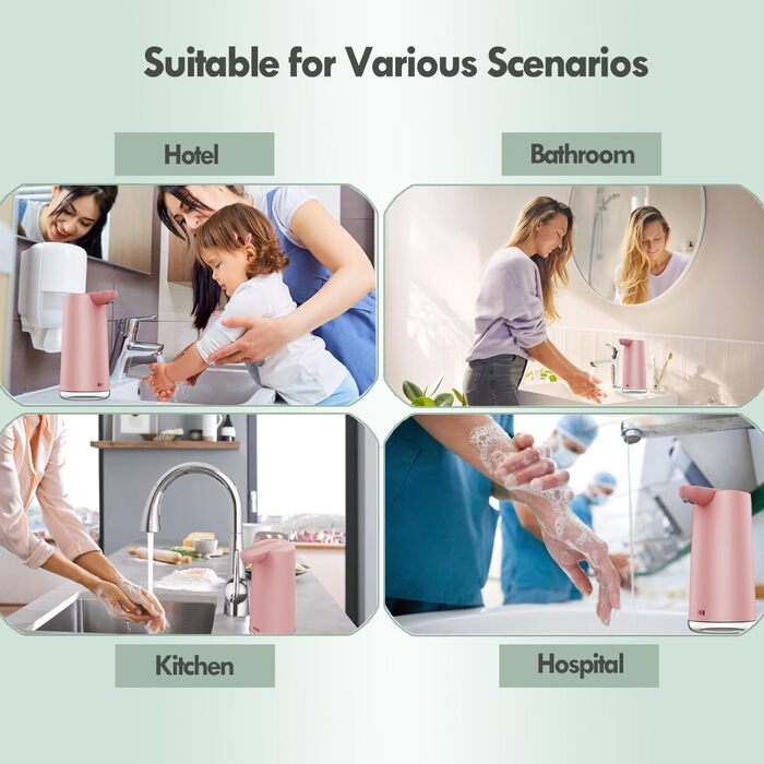 Frohsun Automatic Soap Dispenser - Rechargeable, Touchless, 350ml, IPX7 Waterproof, 2 Foam Settings, Motion Sensor for Kitchen, Bathroom & Hotel (Pink)